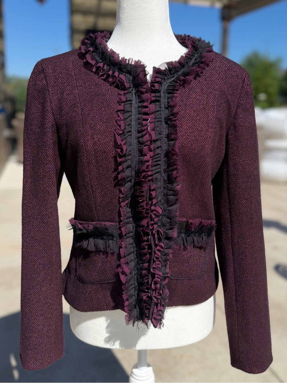 Spense Plum Ruffle-Trimmed Tweed Jacket